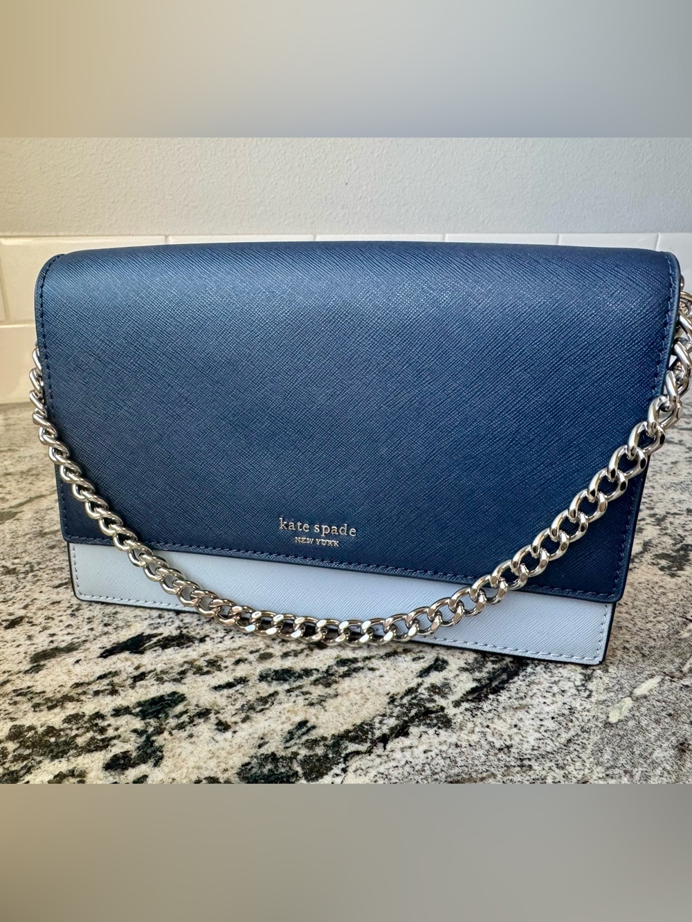 Kate Spade Cameron Convertible Crossbody Nightcap Blue w/ Silver Chain EUC